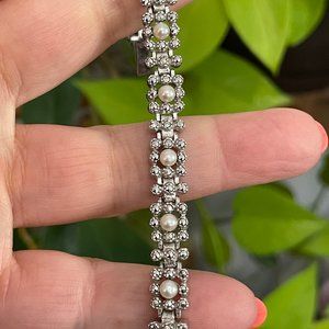 Sterling Silver Pearl Marcasite Bracelet